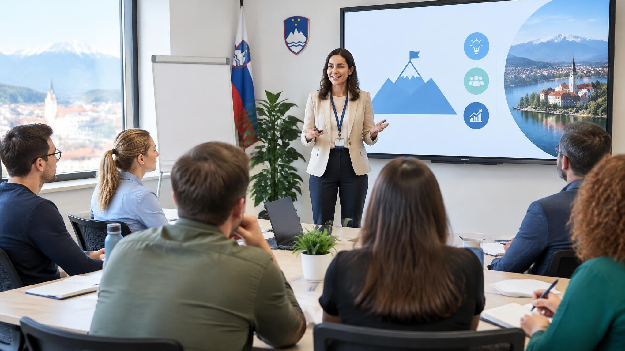 Corporate training workshop with trainer presenting to a group
