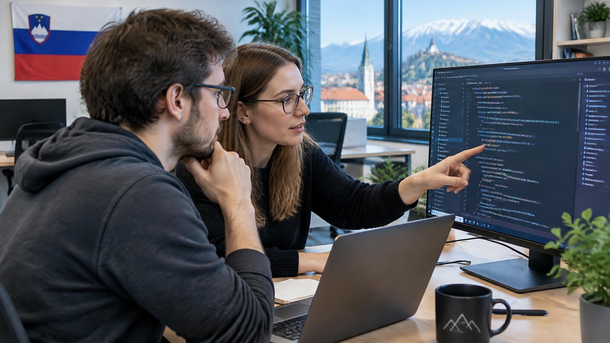 Two developers pair programming at a shared screen