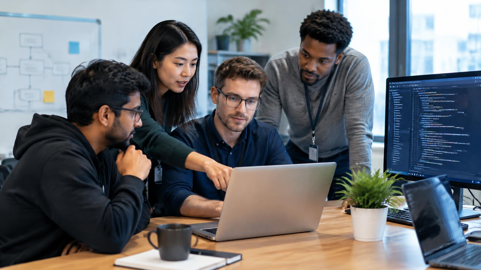 corporate team discussing software