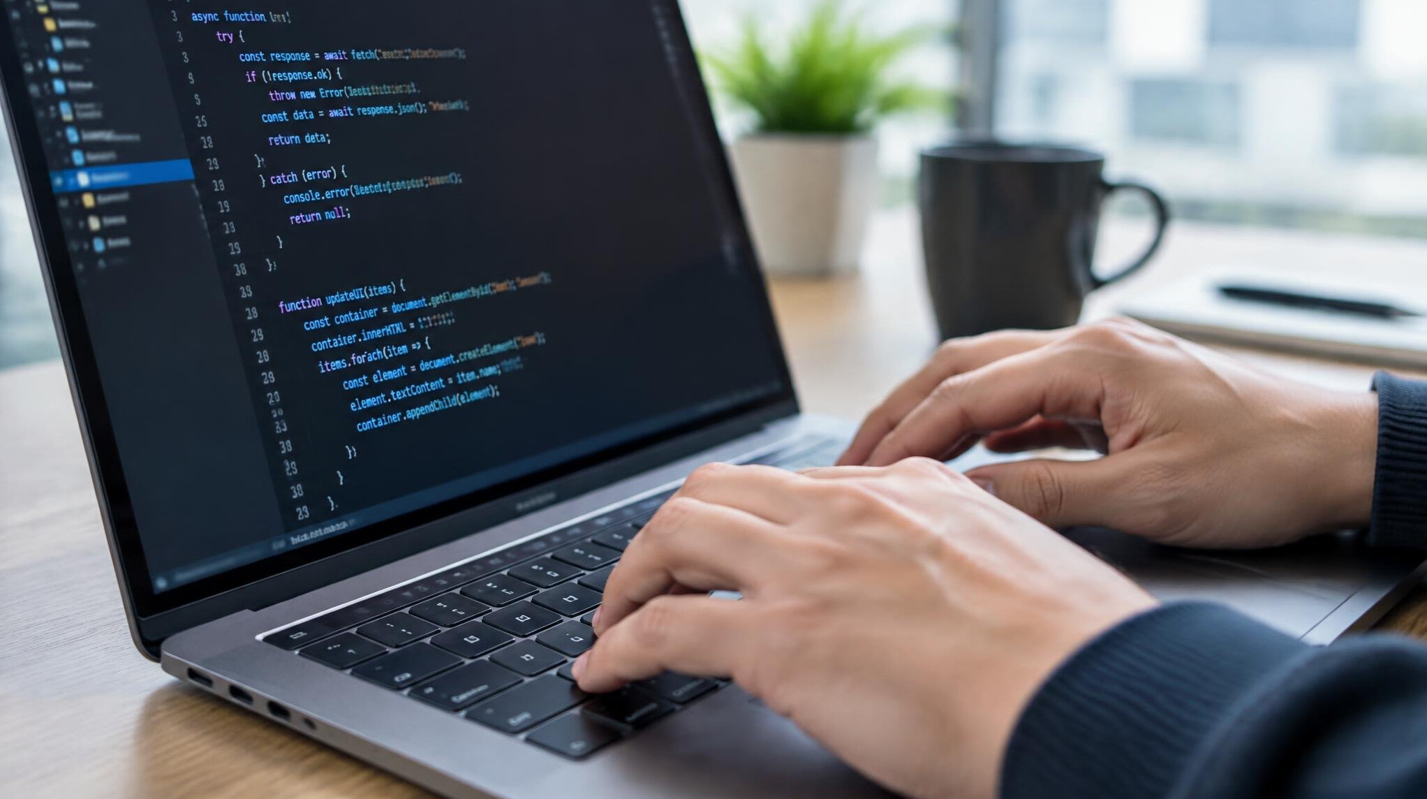 Close-up of hands typing code on a laptop keyboard